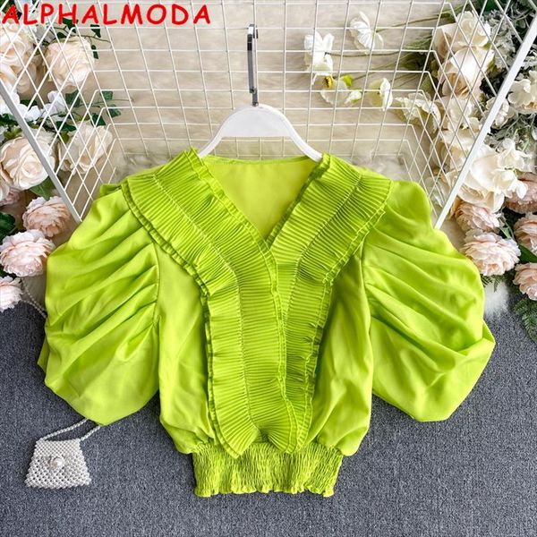 

alphalmoda 2020 new womens pleated blouse v neck folded puff sleeves pullover crop short chiffon shirt drop shipping, White
