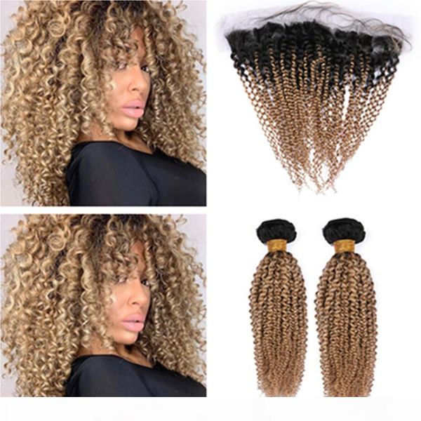 

#1b 27 honey blonde ombre kinky curly 2bundles brazilian hair and frontal light brown ombre curly human hair weaves with 13x4 lace frontal, Black;brown