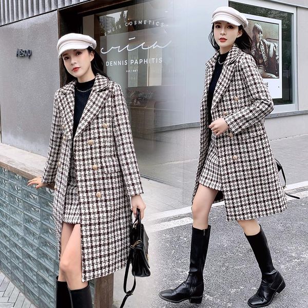 

women's tracksuits cbafu autumn winter houndstooth tweed coat mini skirt 2 piece set thicken warm runway wool long outwear double breas, Gray