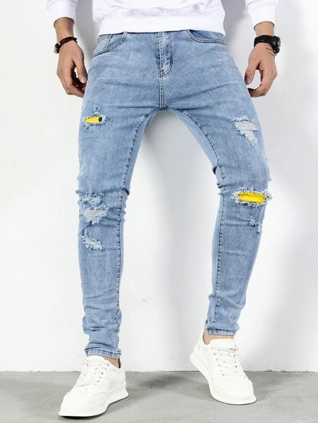 

men snow washed ripped skinny jeans w6yx#, Blue