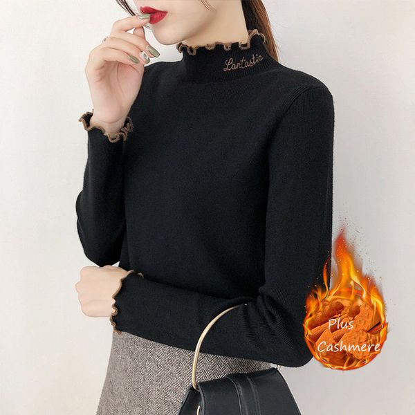 

feminine 2021 new eachin plus cashmere stylish frilly collar long female woman's sweater thin coat x7y0, Black;brown