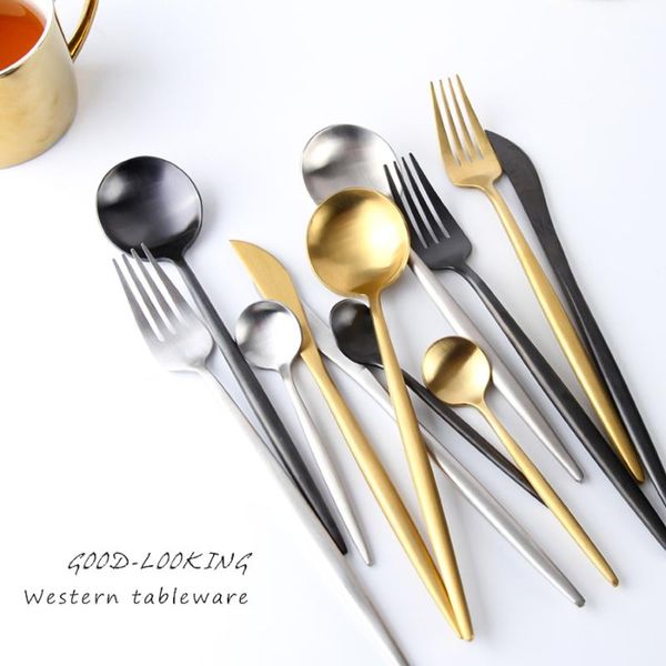 

flatware sets stainless steel dinner spoon talher rose gold black cutlery kitchen knives set home 50f021