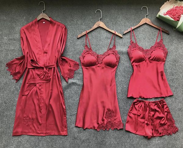 

4 pieces women pajamas sets satin sleepwear silk nightwear pyjama spaghetti strap sleep lounge pijama with chest pads1, Black;red
