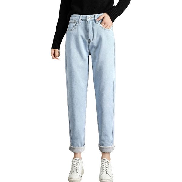 

winter thick fleece warm loose mom harem pants jeans women high waist streetwear female blue denim jeans woman plus size 210202