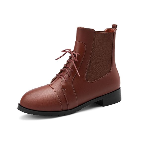 

2021 new round toe cross-tied motocycle women ankle boots autumn winter genuine leather low heels shoes woman 5k7q, Black