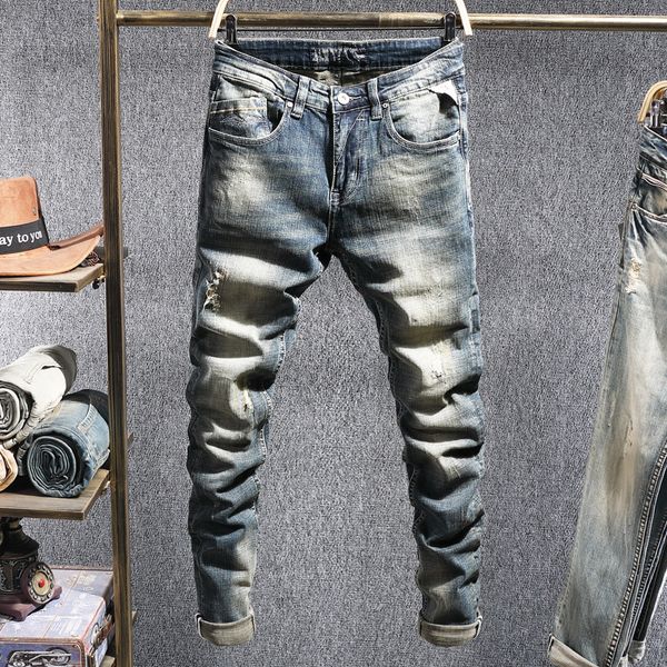 

2021 new italian style fashion men jeans retro vintage elastic slim fit ripped denim pants hombre casual cotton designer long trousers q35g, Blue