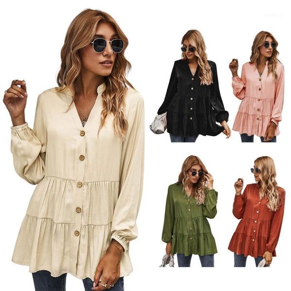 

women autumn puff long sleeve shirts v-neck button down loose tunic solid color ruffles flowy casual blouse1, White