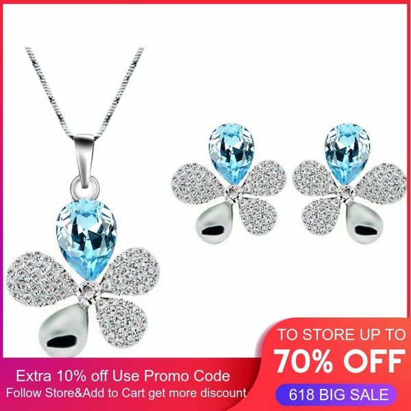 

2020 wedding bridal white gold color austrian crystal rhinestones 5 leaf pendant necklace earrings jewelry sets 84147, Silver
