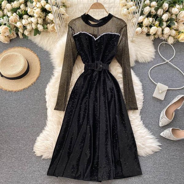 

see through beading velvet patchwork dress women elegant round neck long sleeve a-line party vestidos with sashes 2020 new, Black;gray
