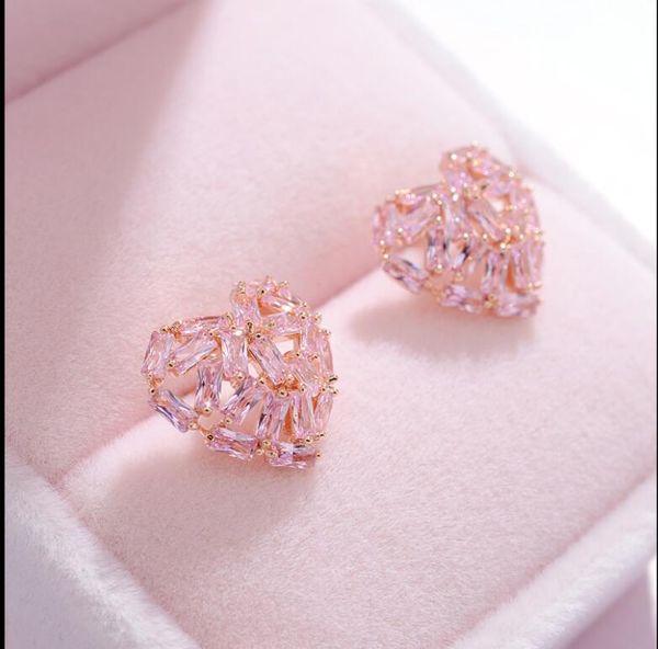 

2020 the new fresh, sweet, compact and delicate pink rhinestone braided earrings in the shape of small peach heart 489, Golden;silver