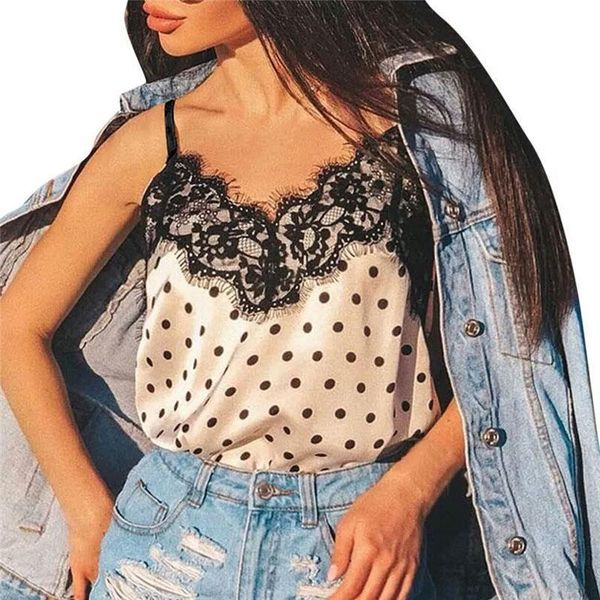 

women satin silk lace summer tank camis vest blouse casual lady v-neck sleeveless straps vest shirt, White