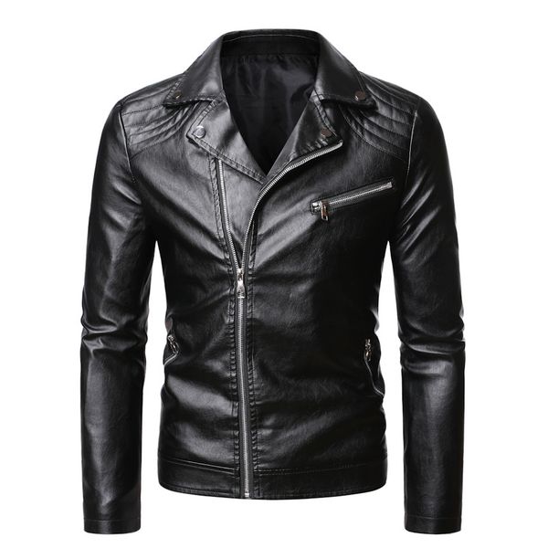 

clothing men's fine fit zipper solid casual motorcycle leather jacket ck5j, Black