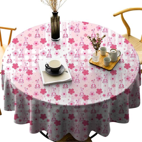 

waterproof round tablecloths stuffed rabbit toy halftone effect flowers checkered faded background vintage