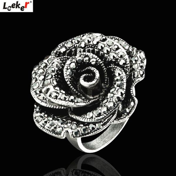 

leeker luxury design personality big rose flower rings for women antique silver color retro ring vintage jewelry 172 lk8, Golden;silver