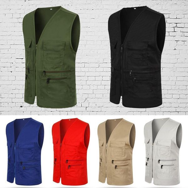 

men sleeveless vest casual multi-pocket loose jacket coat outdoor fishing pgraphing cameraman waistcoat drop shipping, Black;white