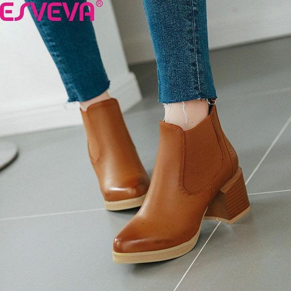 

boots esveva 2021 women shoes ankle square high heel pointed toe slip on solid fashion all match motorcycle boot size 34-43, Black