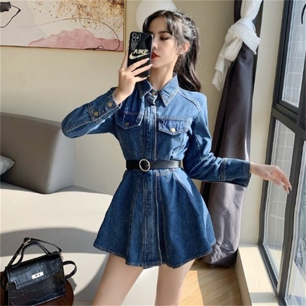 

2021 new 2021 spring new korean style fashion lapel ruffled waist and thin denim dress women ltbu, Black;gray