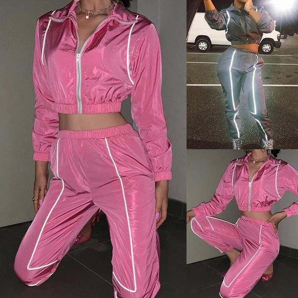 

sport women running tracksuit hip hop crop midriff solid long pants suits two pieces set and pants outfit night club, Gray