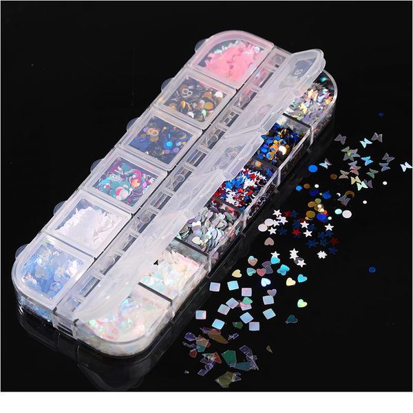 

12 grids maple leaf fluorescence butterfly nail design glitter flakes red yellow multi-colored fall sequin nail a jllmoh, Silver;gold