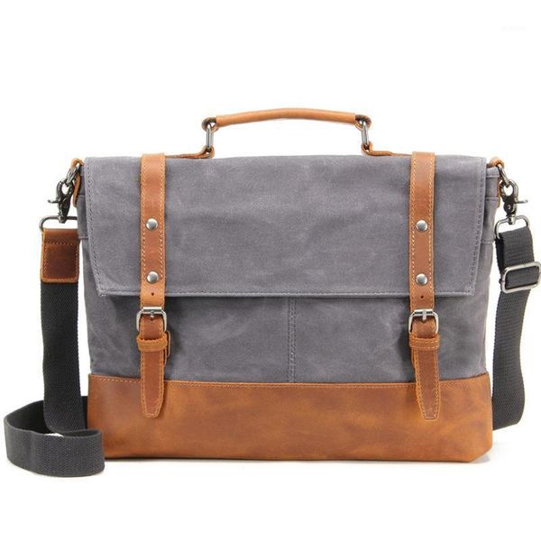 

men waterproof canvas briefcase messenger bag men's natural leather 14'' lapbags male handbag office business document tote1
