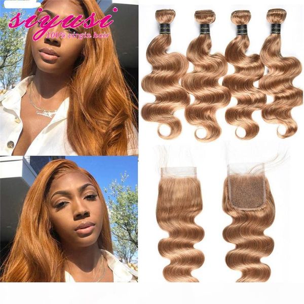 

brazilian virgin hair blonde lace closure 4x4 part human hair closure 130% density body wave color 27# lace closure with baby hair, Black;brown