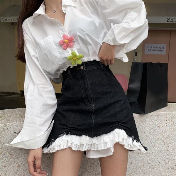 

women denim lace skirt 2020 new high waist split joint a line fashion spring summer girls skirts, Black