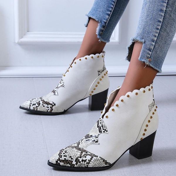 

boots women rivet female autumn winter pu leather cowboy ankle pointed toe wedge heel woman booties snake shoes 20211, Black