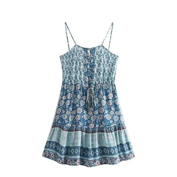 

print open summer resort floral back suspender single breasted lace up waist ruffle dress, Black;gray
