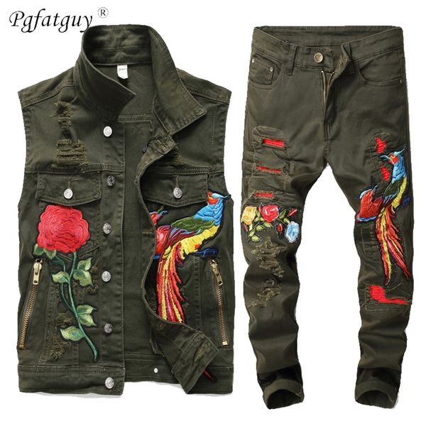 Estilo Europeu Exército Masculino Verde Solta Solto Hip Hop 2 Partes Bordados Phoenix Flor Homens Roupas Buraco Rasgado Denim Coletes Calças 201109