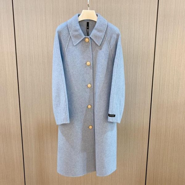 

100% wool brand fashion women high luxury winter elegant vintage pearl buckle midi woolen coat, Black