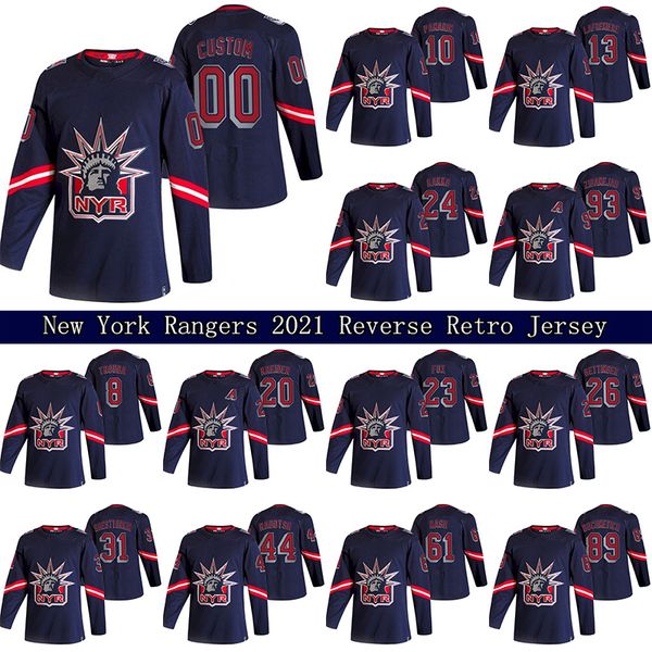 

new york rangers 2021 reverse retro jersey 13 alexis lafreniere 10 artemi panarin 24 kaapo kakko 23 adam fox custom hockey jerseys, Black;red