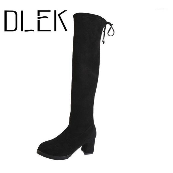

boots heeled 2021 chunky heel high slimming elastic rubber outsole back lace-up pointed toe spring over knee1, Black