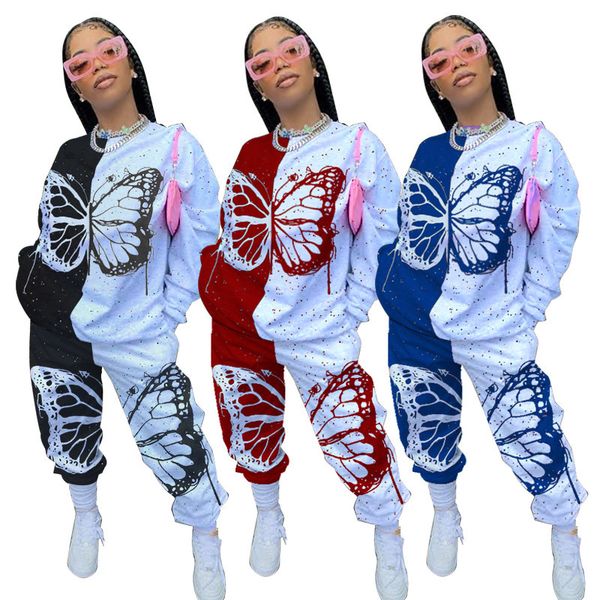 

women two piece set designer new fashion contrast color butterfly printing t shirts trousers outfits ladies casual seller suit cy, White