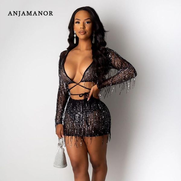 

anjamanor fall 2 piece sets womens night club outfits sequins tassel beaded sheer mesh black two piece skirt set d57-ag291, White