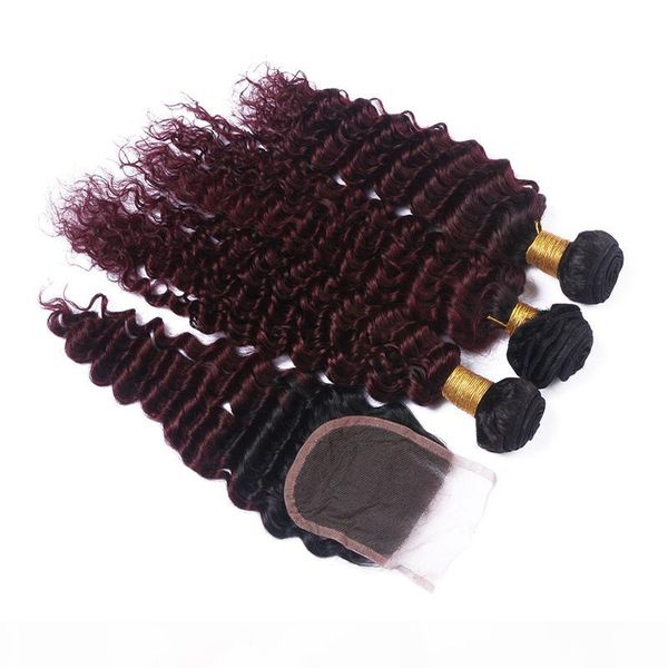 

wine red ombre deep wave hair bundles with lace closure middle part #1b 99j burgundy hair bundles with lace closure for woman, Black