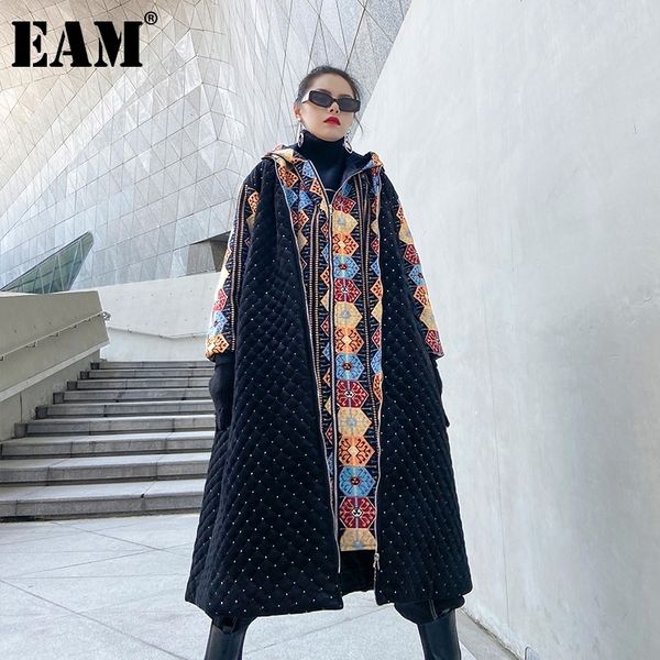 

[eam] hooded big size patttern thick cotton-padded coat long sleeve loose women parkas fashion new autumn winter 1dd0808 201029, Black