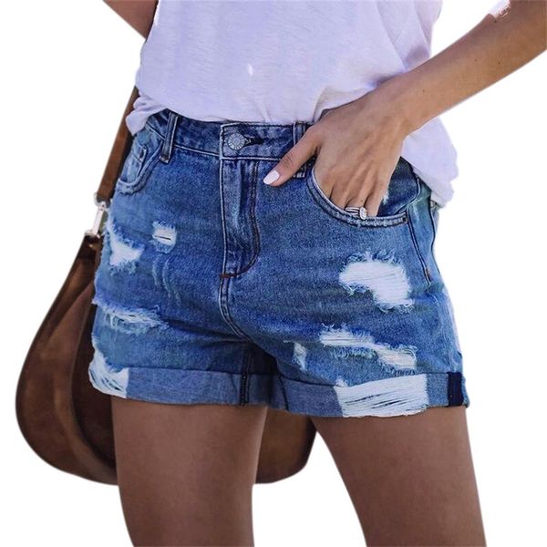 

new perforated high stretch denim shorts for women, Blue