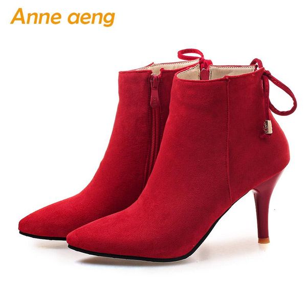 

autumn winter women boots high thin heels ladies ankle boots zip elegant office women shoes red warm big size 33-46, Black