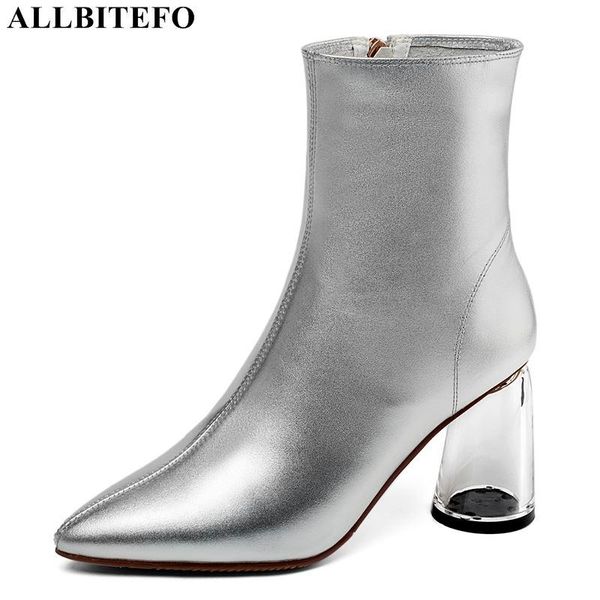 

allbitefo transparent heel genuine leather party women boots winter snow boots ankle for women girls, Black
