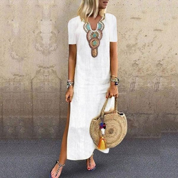 

summer long sleeve beach dress vintage chiffon women print v neck side slit bohemian dresses shift boho maxi dress sukienka j30, Black;gray
