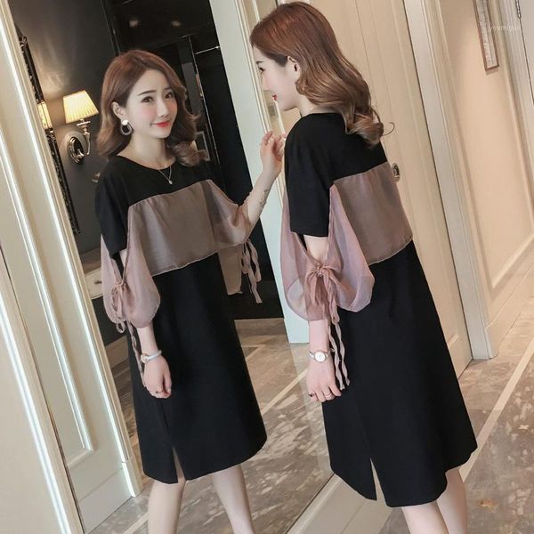 

#2369 summer cotton spliced chiffon tshirt dress woman black short sleeve o-neck loose tshirts midi dresses ladies side split1, Black;gray