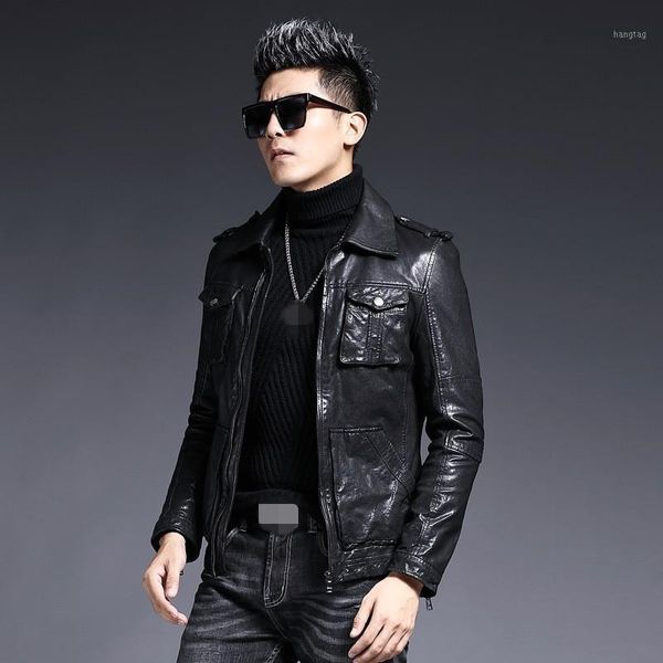 

brand motorcycle biker sheepskin short coat men designer slim lapel real leather jacket 2020 winter zip outerwear plus size 4xl1, Black
