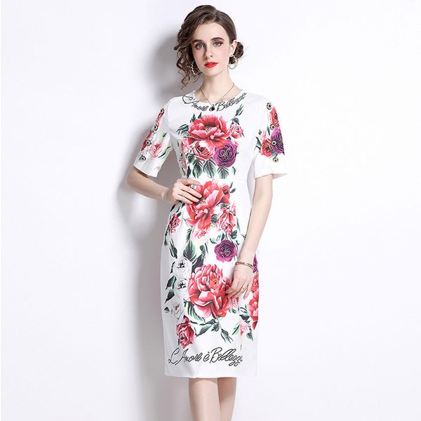 

women fashion rose floral printing dress 2022 summer new high street mide vestidos o-neck short sleeve sliming dresses, Black