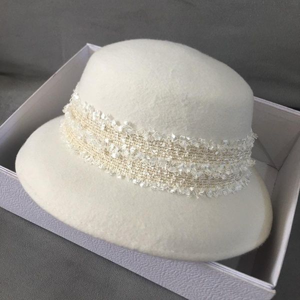 

new fashion white wide brim wool felt hat floppy lace band cloche bucket bowler hat women wedding church dress hat, Black;white