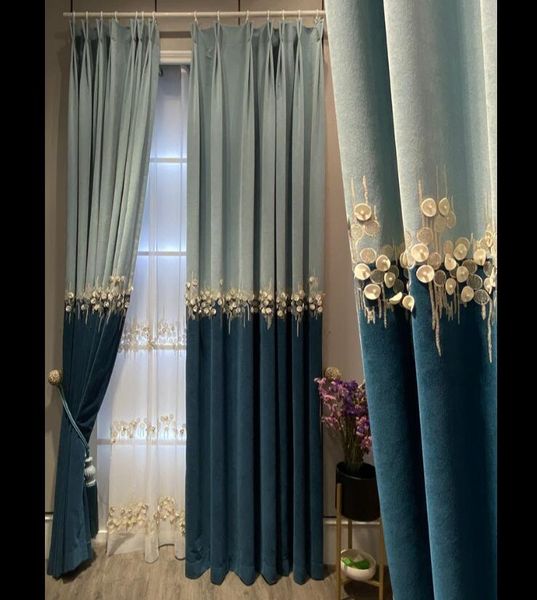 Sheer Cortinas Nova Luz Luxo Sombreado Sombreado Cashmere Chenille Beads Beads Sala de estar Quarto Azul Cortina Fio