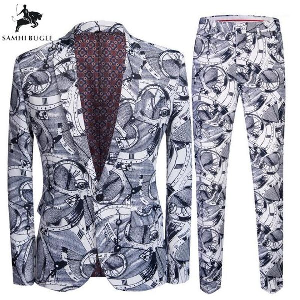 

clock print suit romantic wedding suits for men 2 pieces set latest coat + pant designs wedding stage singer slim fit costume1, White;black