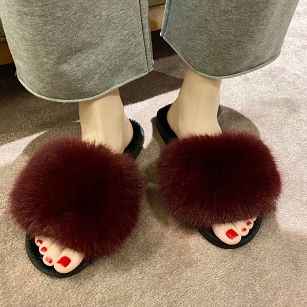 

fashion women slippers vacation comfortable convenient faux fur ladies solid color plush warm woman flat shoes furry slippers, Black