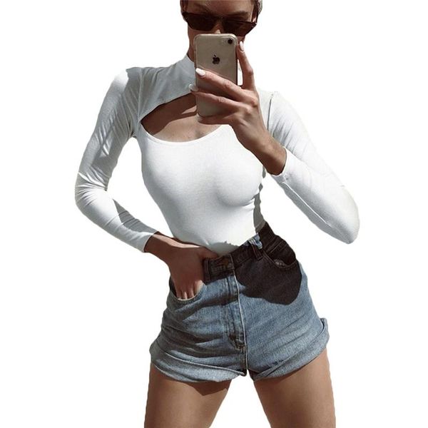 

new solid women lady long sleeve short romper hollow white jumpsuit stretch bodysuit leotard blouse, Black;white