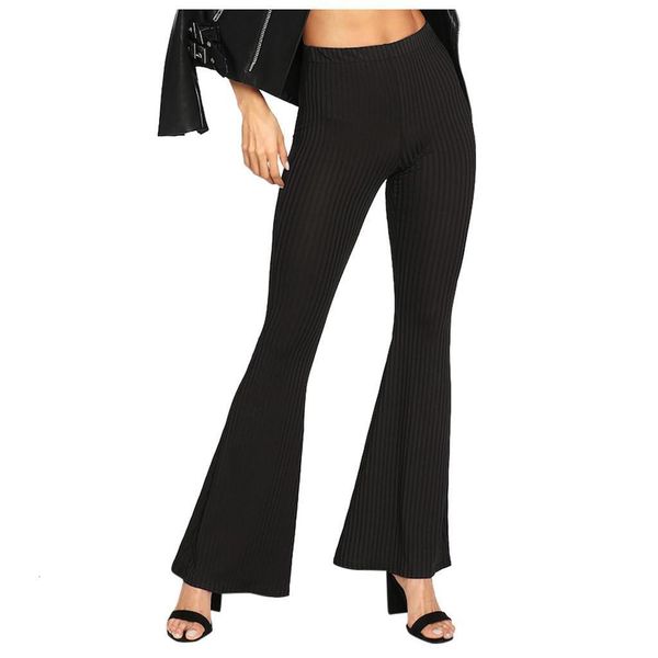 

high waisted women trousers elastic women casual solid trousers loose high wide leg pant full black flare office ladies pants, Black;white