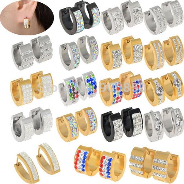 

hoop & huggie fashion stainless steel stud earrings crystal cubic pearl gold black color, Golden;silver